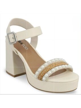 Mia Too Pearl-Trim Ivory Ankle Strap Chunky Heels Sandals No Box Size 11
